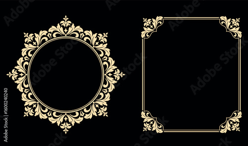 Set of decorative frames Elegant vector element for design in Eastern style, place for text. Floral black and golden borders. Lace illustration for invitations and greeting cards