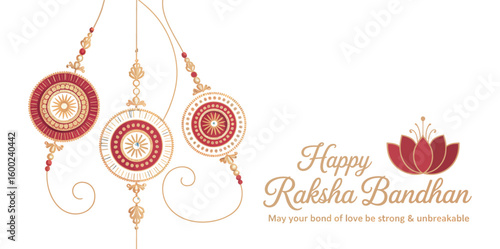  Raksha Bandhan greeting with red and gold hanging ornaments, lotus motif, and emotional message celebrating sibling love and unity