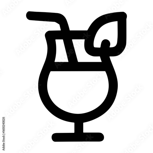Outline Simple Cocktail Drink Glass with Straw and Leaf Icon Graphic