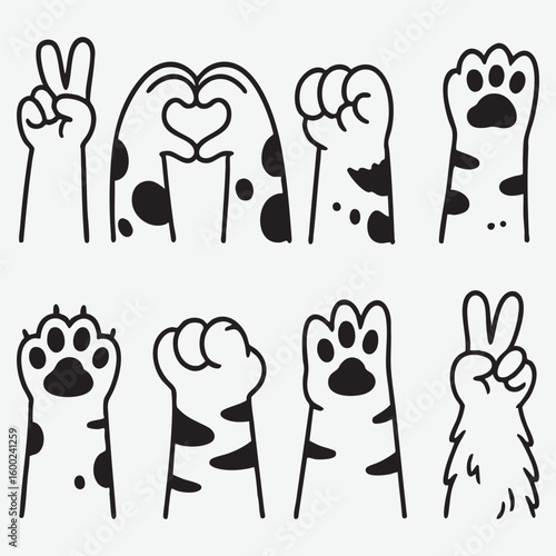 Cat paws and hands making gestures peace sign heart shape