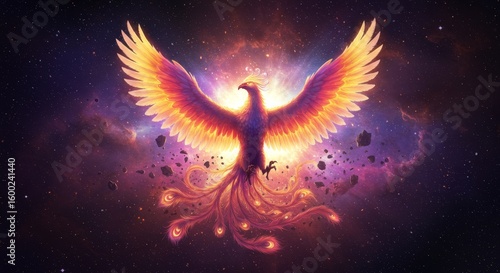 Majestic firebird soaring through nebula, embodying resilience and rebirth across cosmos