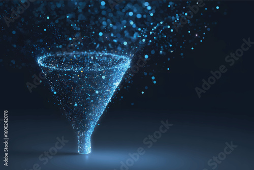 The shape of the funnel is made up of blue dots and light particles, on a dark background