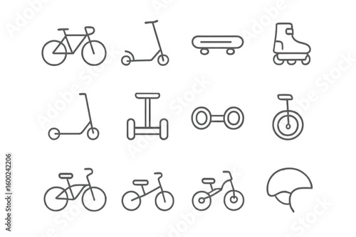 Outline icons of bicycles, scooters, skateboard, roller skates, and helmet