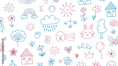 Childlike Doodle Vector Pattern with Rainbows, Houses, and Floral Elements
