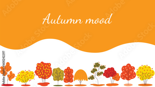 Cozy seasonal banner with Autumn mood. Horizontal template with yellowed tree crowns. Colorful foliage on trees, vector graphics