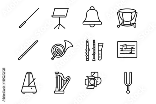 Musical instruments and accessories icons set with metronome and harp