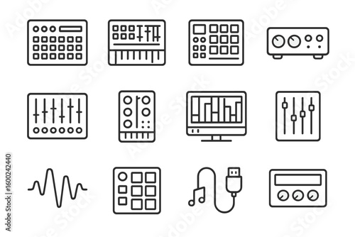 Music production icons: mixers, synths, equalizers, waveforms, cables