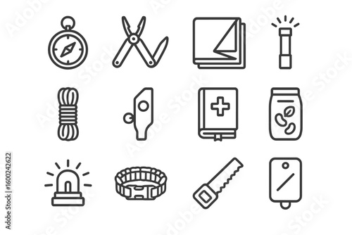 Essential outdoor survival gear icons including compass and knife