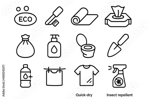 Eco-friendly icons: recycle, hygiene, garden, quick-dry, insect repellent