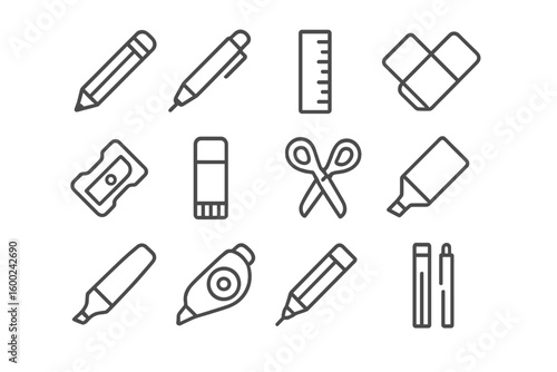 Monochrome stationery icons set featuring pencils pens ruler eraser and scissors