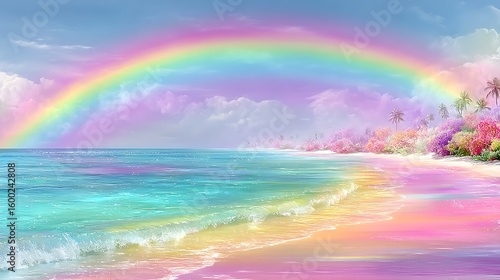 Colorful Tropical Beach Rainbow Scene Art