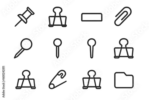 Monochrome office supplies icons collection on dark background