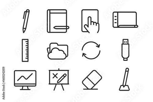 Vector icons set: pen, book, touch, ruler, cloud, sync, usb, graph, eraser