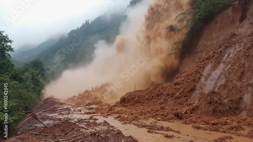 Devastating mudslide flowing on mountain road