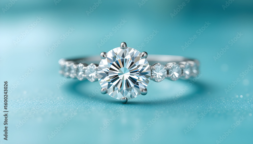 Fototapeta premium Solitaire round cut diamond engagement ring, eternity ring on turquoise background