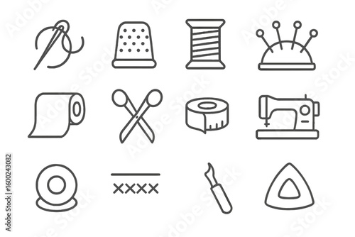 Sewing tools icons set: needle, thread, sewing machine, thimble, pin cushion