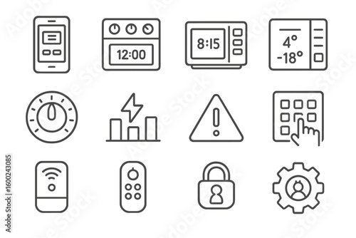 Smart home control panel symbols and interface icons set on gray background