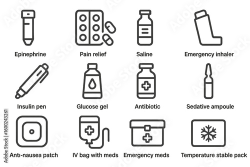 Medical emergency kit icons: epinephrine, pain relief, saline, inhaler, insulin