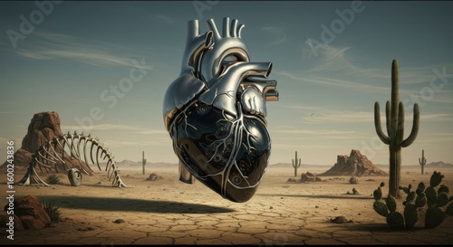Mechanical heart floating above a desolate desert, set against a backdrop of sparse vegetation