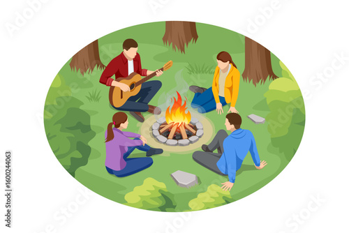 Music and Friends at Campfire. An Isometric illustration of a group of friends enjoying a campfire, with one playing a guitar, others relaxing and drinking, creating a festive outdoor mood.