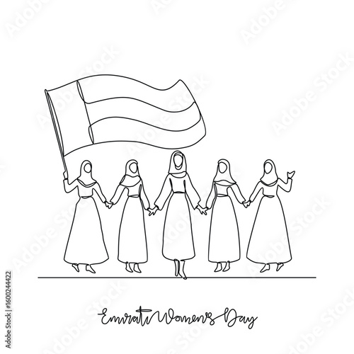 One continuous line drawing of Emirati Women’s Day celebration vector illustration. Emirati Women's Day in simple linear concept vector design. UAE National day  design vector for campaign in August. 