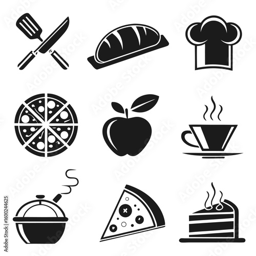 Culinary Icon Set – Chef Hat, Pizza Slice, Hot Drink, Cake & Kitchenware Symbols
