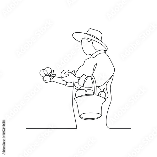 One continuous line drawing of a pick apples activity in the orchard vector illustration. agriculture activity in simple linear style vector design concept. Suitable design for your business purpose.