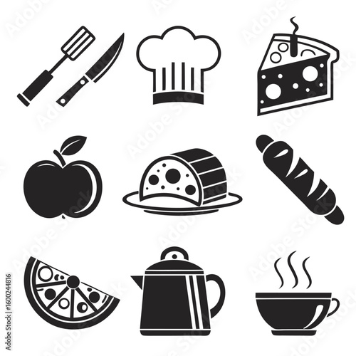 Culinary Icon Set – Chef Hat, Pizza Slice, Hot Drink, Cake & Kitchenware Symbols