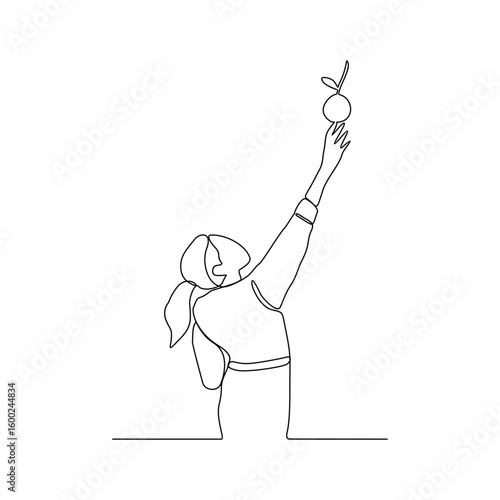 One continuous line drawing of a pick apples activity in the orchard vector illustration. agriculture activity in simple linear style vector design concept. Suitable design for your business purpose.