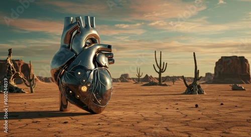 Metallic anatomical heart amidst surreal desert landscape hinting at survival and resilience