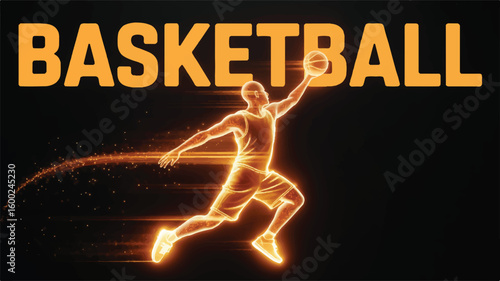 Fiery basketball player in a dynamic slam dunk pose with light trail effect on a black background