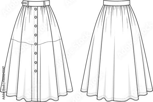 Front and back technical flat sketch button-down flared midi skirt, high waist fashion design, waistband detail, pleated hem vector illustration