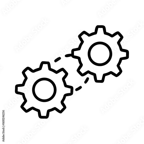 Two gears connected in minimalist design with black outline  