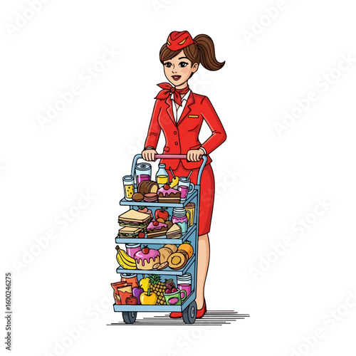 Cartoon flight attendant carrying a trolley with various foods. Colored cartoon with line art and white background. AI generated image.