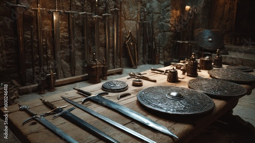 Medieval weapons display on table