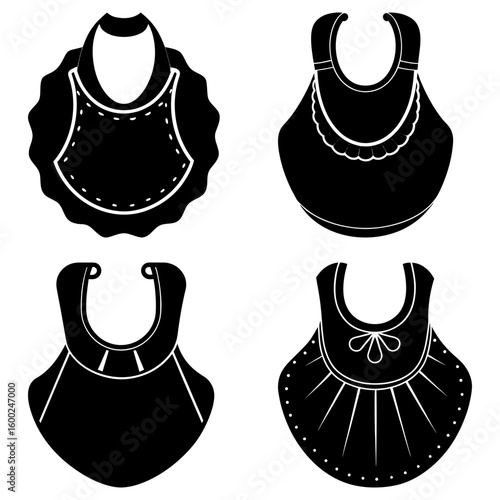 Collection of four black and white baby bibs with different designs and shapes in a square format