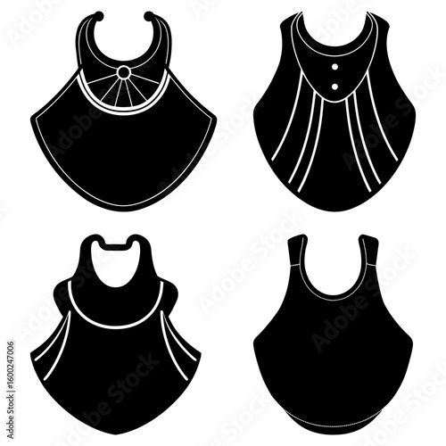 Collection of four black and white baby bibs with different designs and neck strap configurations