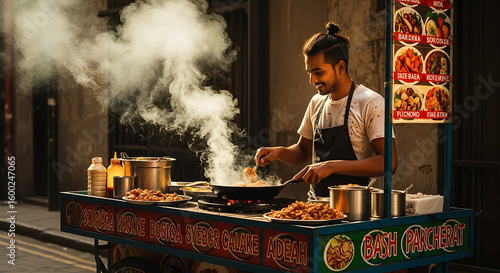 A man cooking street food on a cart with steam rising and a menu displayed on the side cart