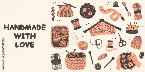 Flat vector illustration of hand-drawn knitting doodles. Yarn balls, needles, and crafting elements. Perfect for craft designs, social media, packaging, branding, and greeting cards