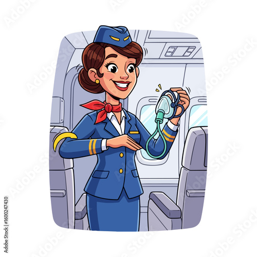 Cartoon of a flight attendant giving safety instructions. Colored cartoon with line art and white background. AI generated image.