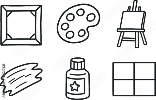 hand drawn cute out doodle style isolated picture canvas stretcher bar picture pigment miing palette picture easel tripod stand picture bshstroke teture picture varnish finish coat picture