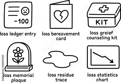 hand drawn cute out doodle style isolated loss ledger entry loss bereavement card loss grief counseling kit loss memorial plaque loss residue trace loss statistics chart