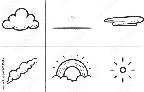 hand drawn cute out doodle style isolated sky cloud bank sky horizon gradient sky stratospheric layer sky vapour trail sky aurora arc sky zenith point