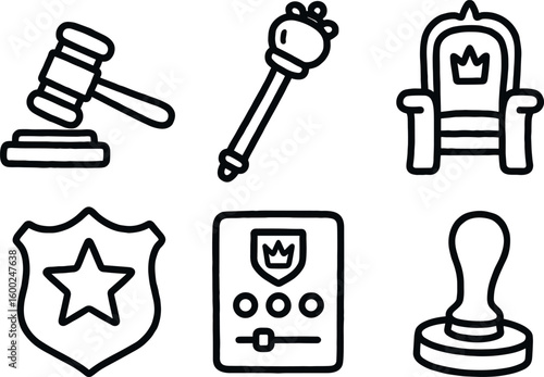 hand drawn cute out doodle style isolated authority gavel block authority scepter prop authority throne model authority emblem badge authority control panel authority seal stamp