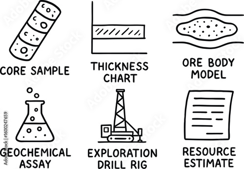 hand drawn cute out doodle style isolated deposit core sample deposit thickness chart deposit ore body model deposit geochemical assay deposit eploration drill rig deposit resource estimate