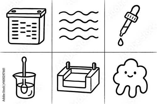 hand drawn cute out doodle style isolated gel electrophoresis slab gel polymer matri gel droplet dispenser gel viscometer cup gel casting tray gel polymerase enzyme