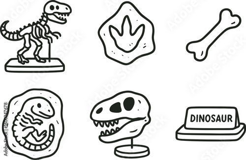 hand drawn cute out doodle style isolated dinosaur skeleton mount dinosaur footprint mold dinosaur bone fragment dinosaur fossil cast dinosaur skull replica dinosaur ehibit label