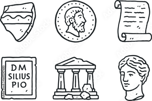 hand drawn cute out doodle style isolated antiquity pottery shard antiquity bronze coin antiquity scroll fragment antiquity tomb inscription antiquity temple ins antiquity statuary fragment