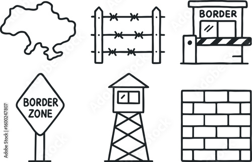 hand drawn cute out doodle style isolated border map border fence panel border checkpoint booth border zone marker border control tower border wall segment