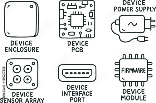 hand drawn cute out doodle style isolated device enclosure case device PCB board device power supply device sensor array device interface port device firmware module